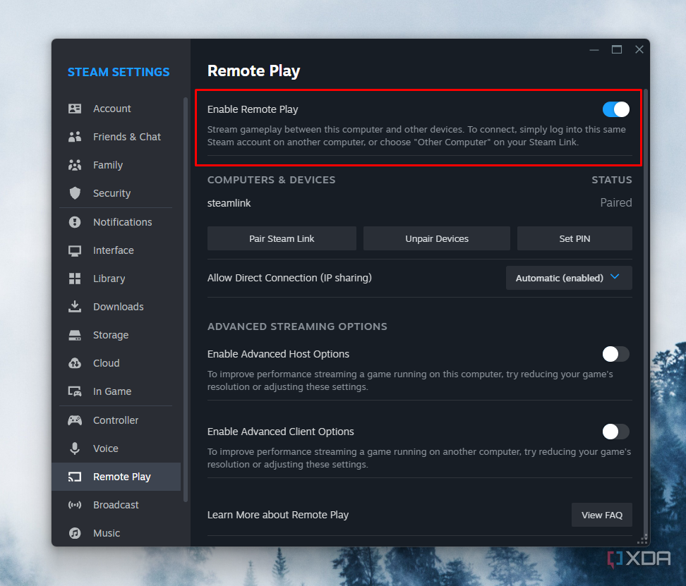Screenshot showing where Steam Enable Remote Play button is located,