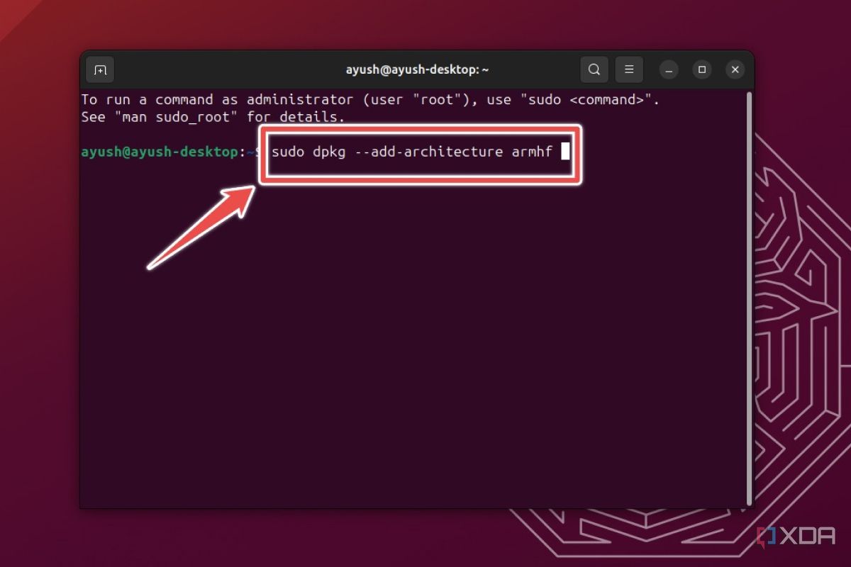 La terminal de Ubuntu que muestra el comando para agregar multiarch