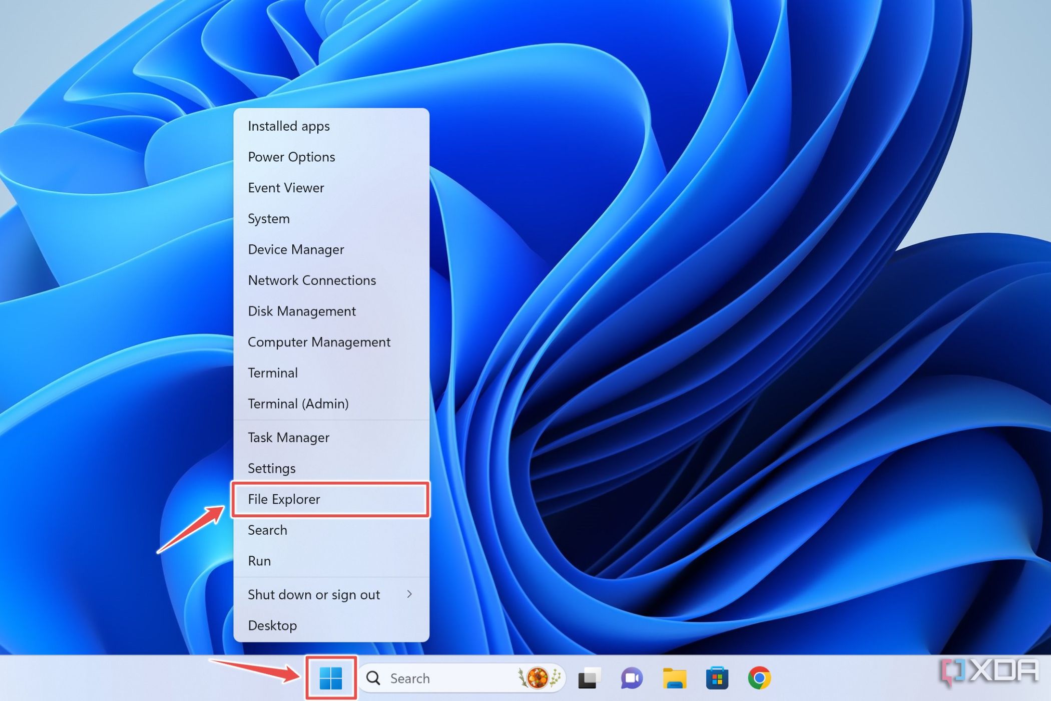 A Windows 11 desktop with the Start button and File Explorer highlighted