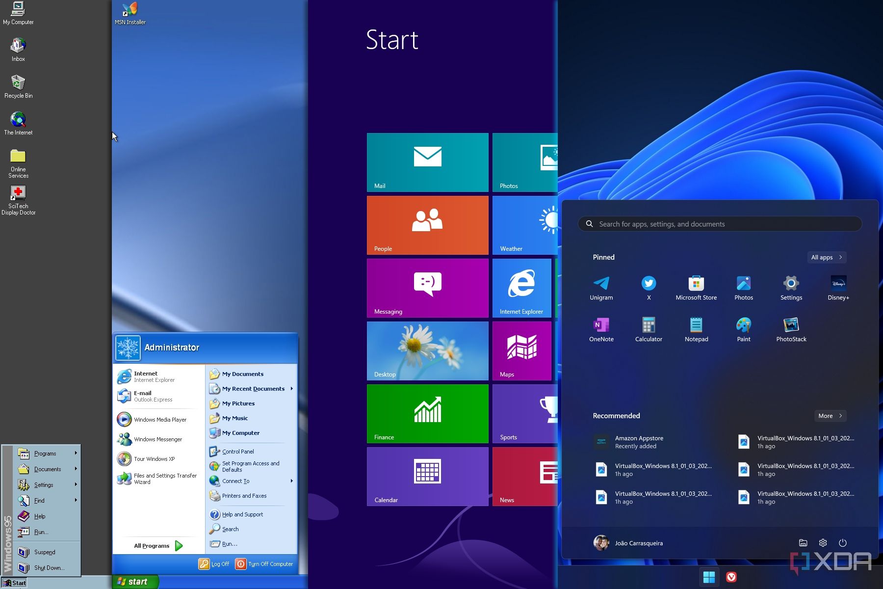 Different iterations of the Start menu in different versions of Windows