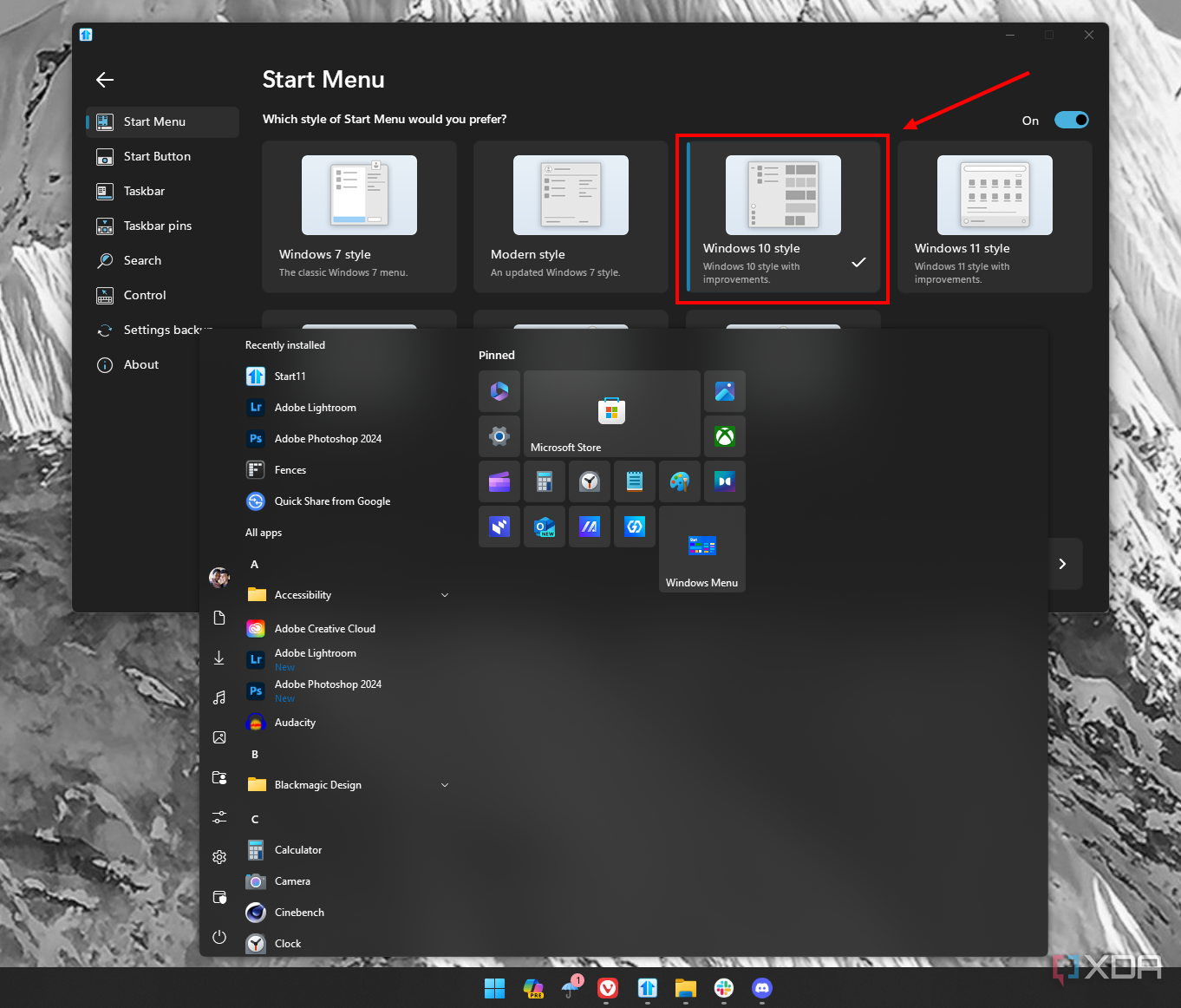 Captura de pantalla de Start11 configurada para usar el menú Inicio estilo Windows 10 en Windows 11