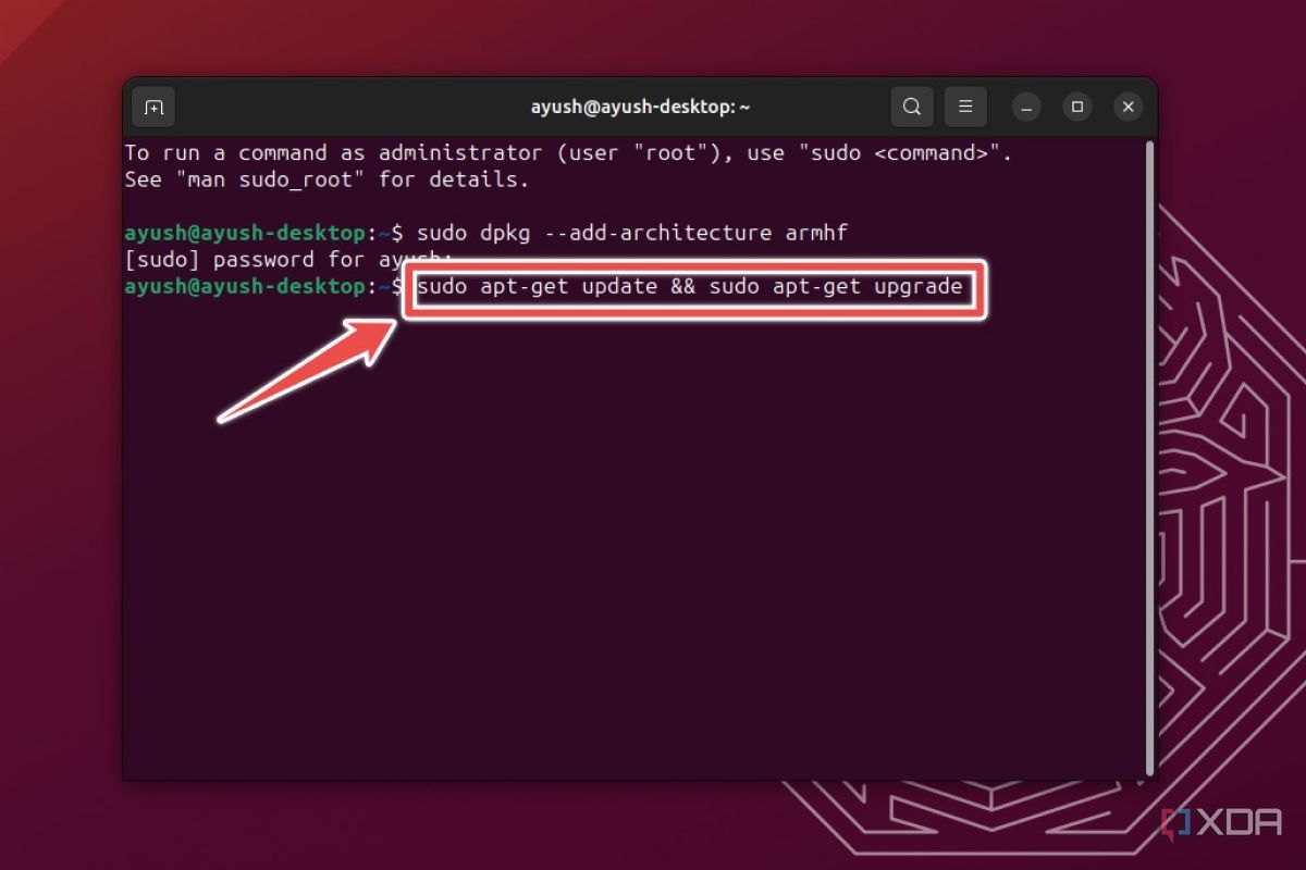 La terminal de Ubuntu que muestra los comandos sudo apt update y upgrade