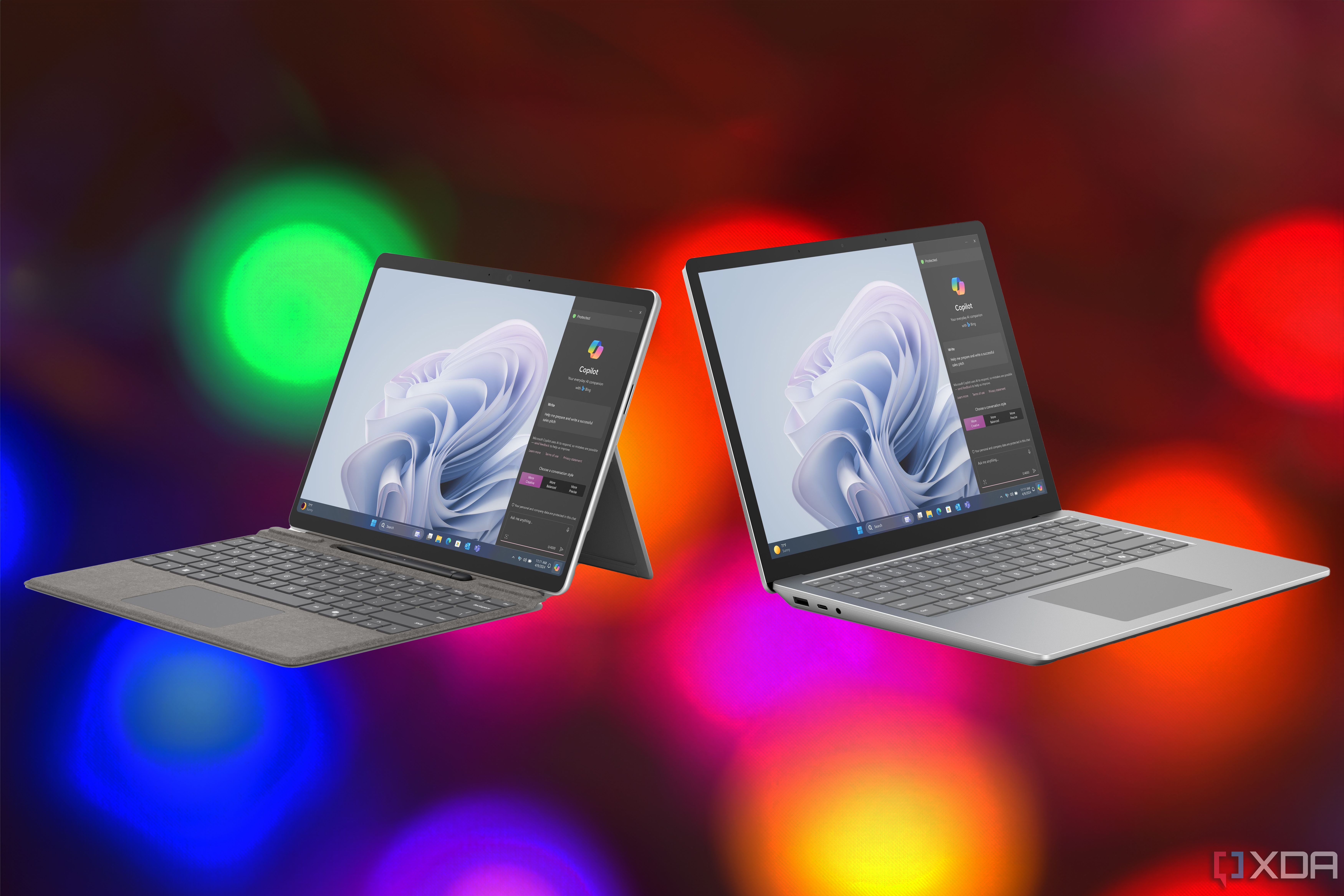 Surface Pro 10 and Laptop 6 for Business over a colored background