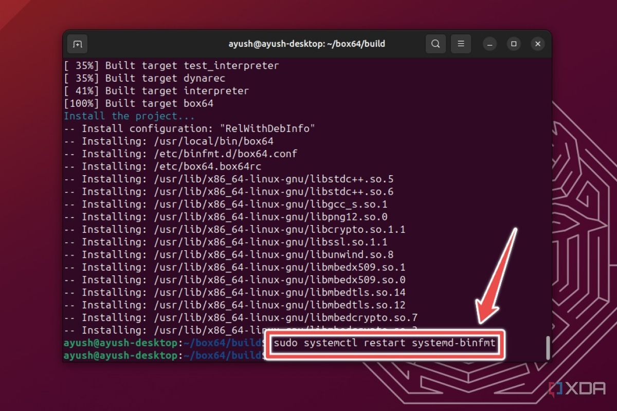 La terminal de Ubuntu con el comando restart systemd-binfmt resaltado