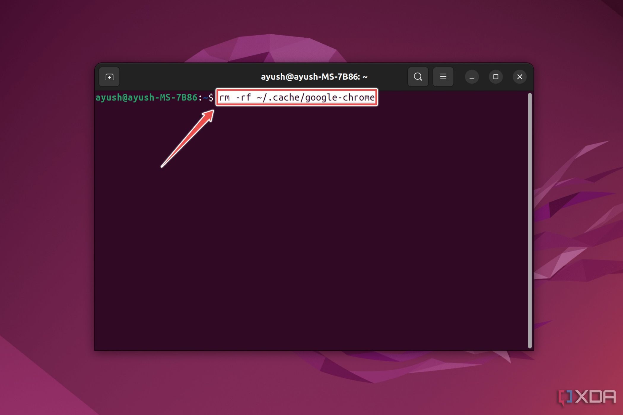 Terminal de Ubuntu con el comando para eliminar los archivos de caché