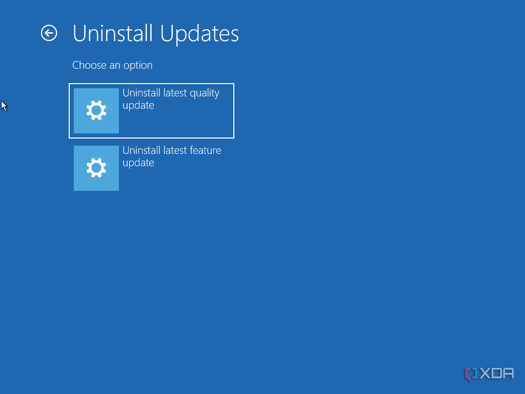 Windows recovery environment showing option to uninstall updates