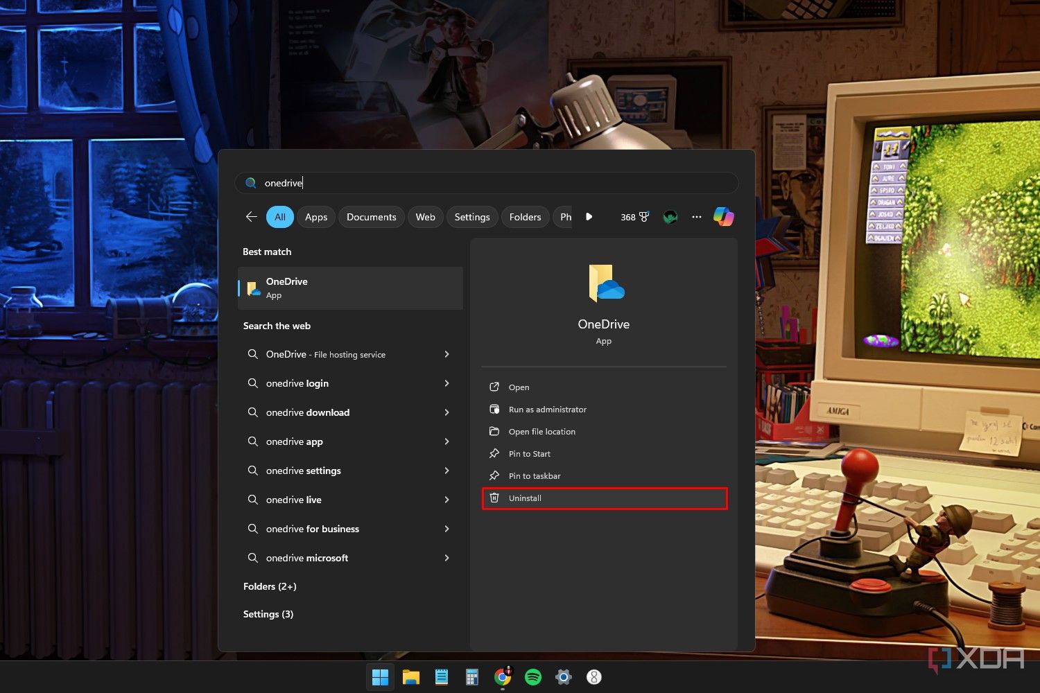 Captura de pantalla de Windows 11 que resalta la opción Desinstalar la aplicación OneDrive en el menú Inicio.