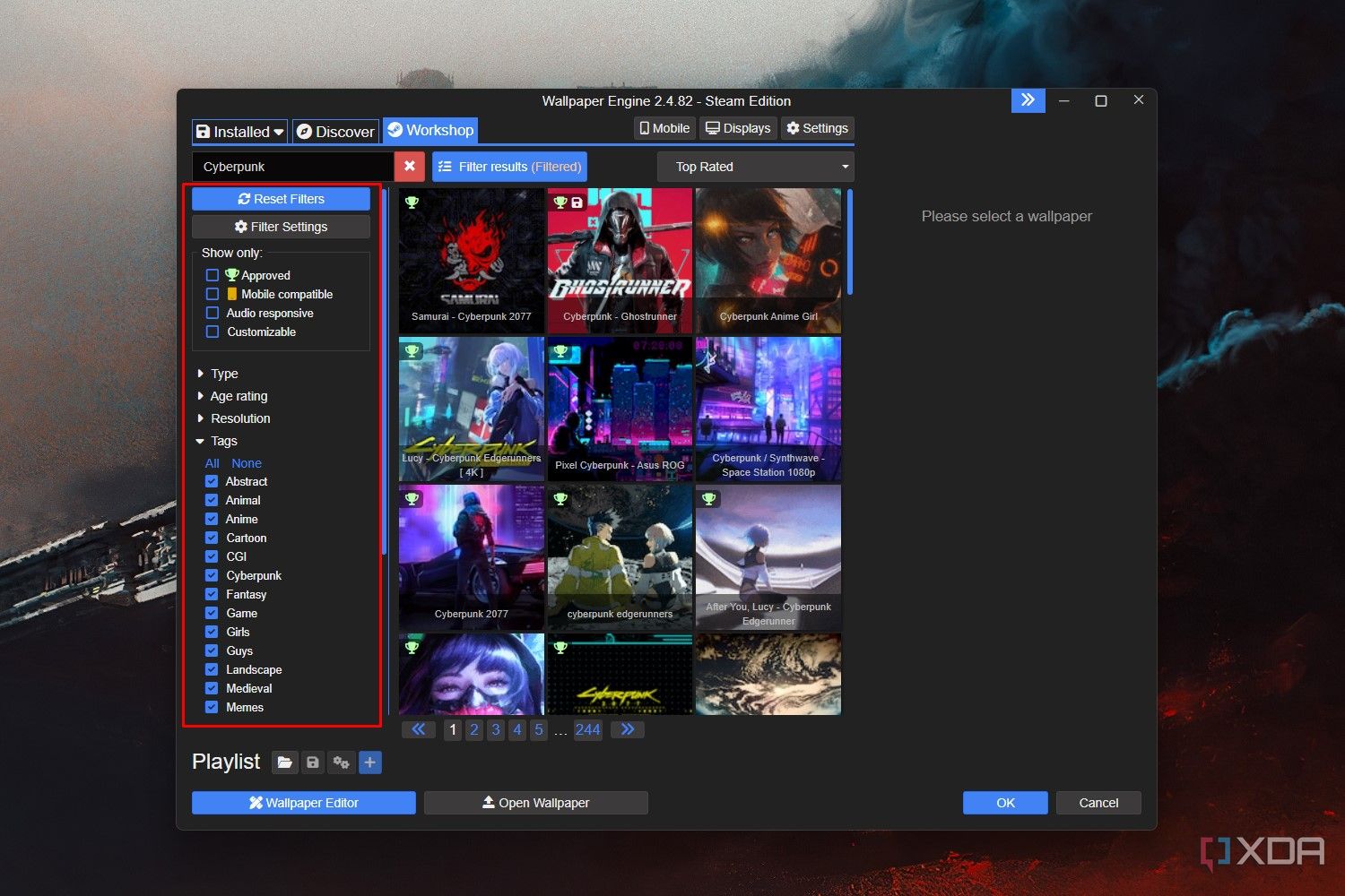 Windows 11 screenshot that highlights the Steam Workshop filters within the Wallpaper Engine app.