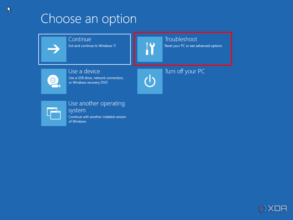 Windows 1 recovery environment with Troubleshoot option highlighted
