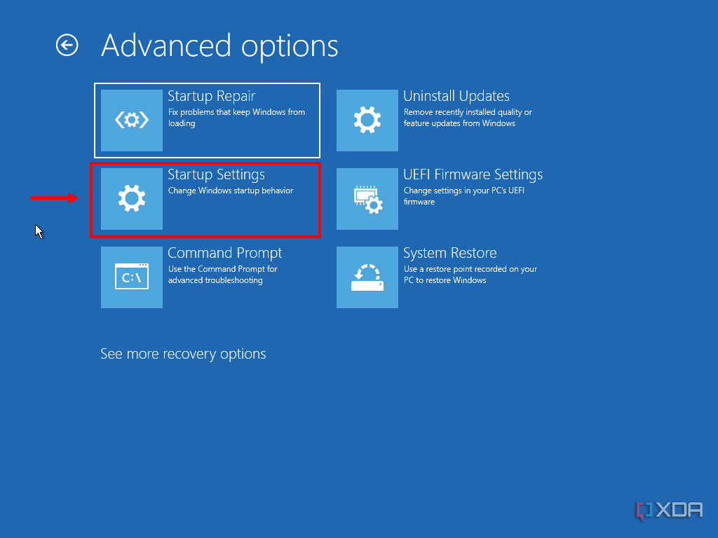 Screenshot of advanced troubleshooting options in Windows 11 recovery with Startup settings highlighted