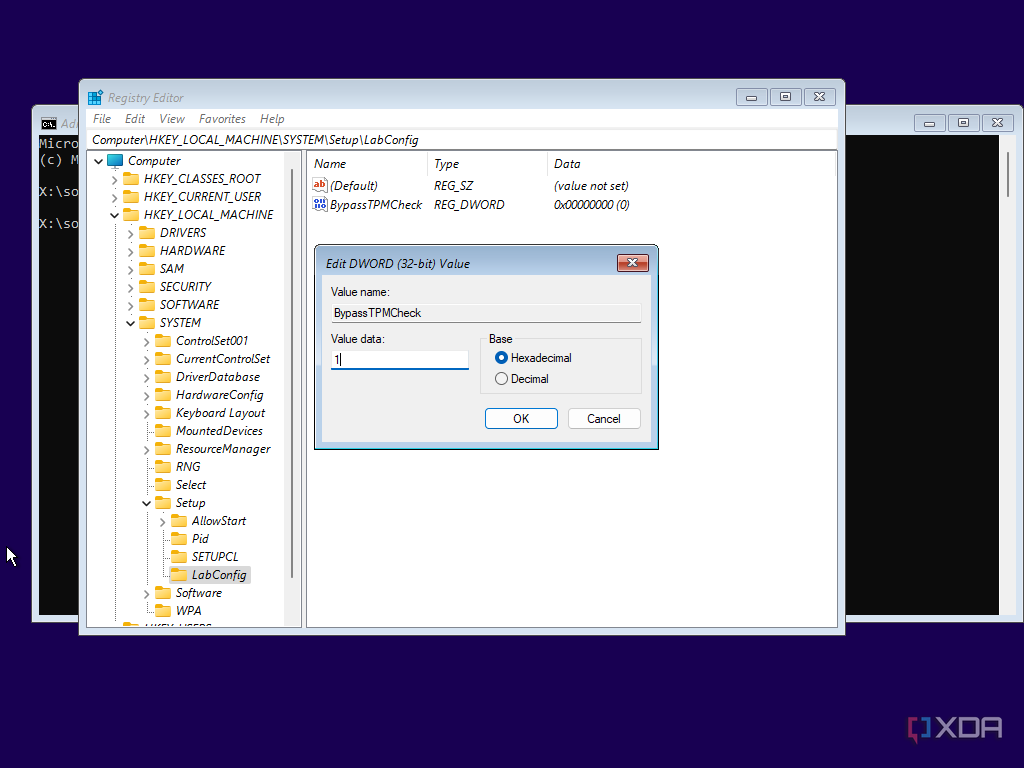 Screenshot of Registry Editor showing the BypassTPMCheck value set to 1