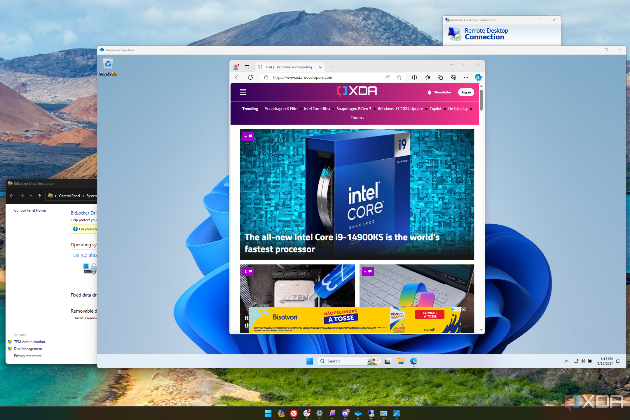 Screenshot of Windows 11 running Windows Sandbox, showing BitLocker settings, Remote Desktop
