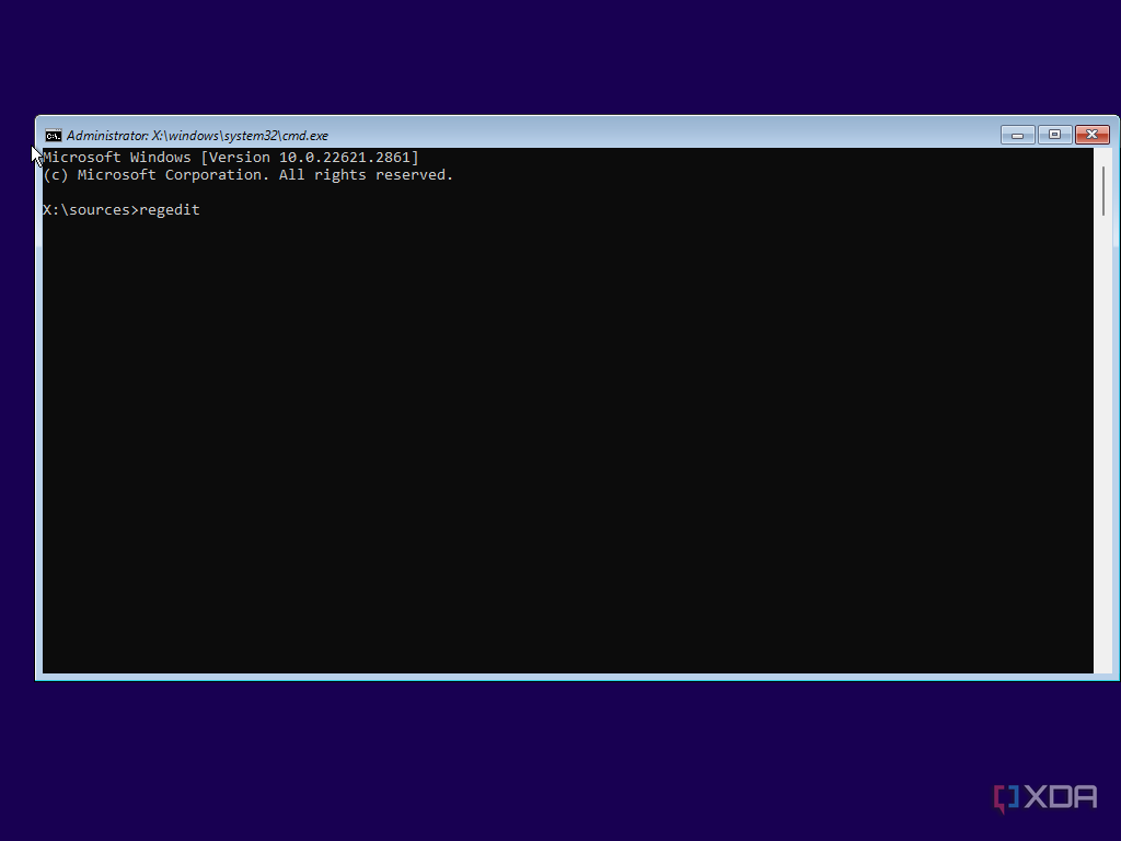 Screenshot of Command prompt during Windows 11 Setup with the regedit command