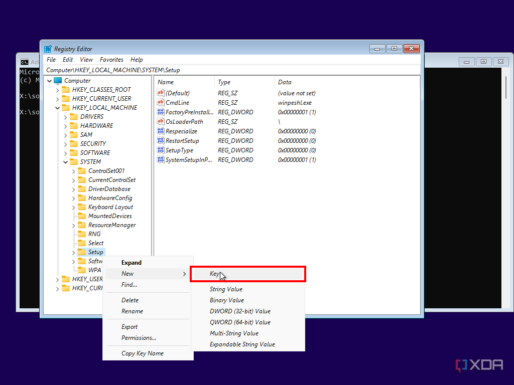 Screenshot of Registry Editor in Windows 11 Setup with the option to create a new key highlighted