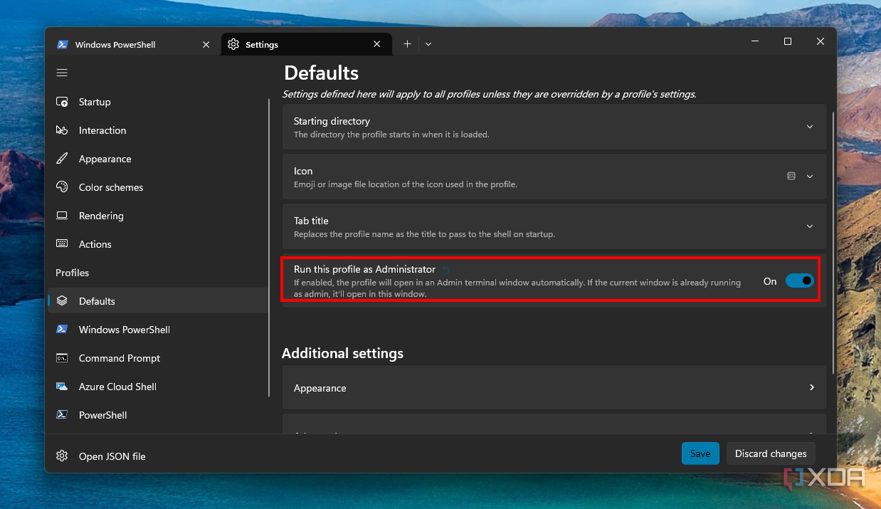 Screenshot of Windows Terminal settings showing the option to launch the default profile as administrator
