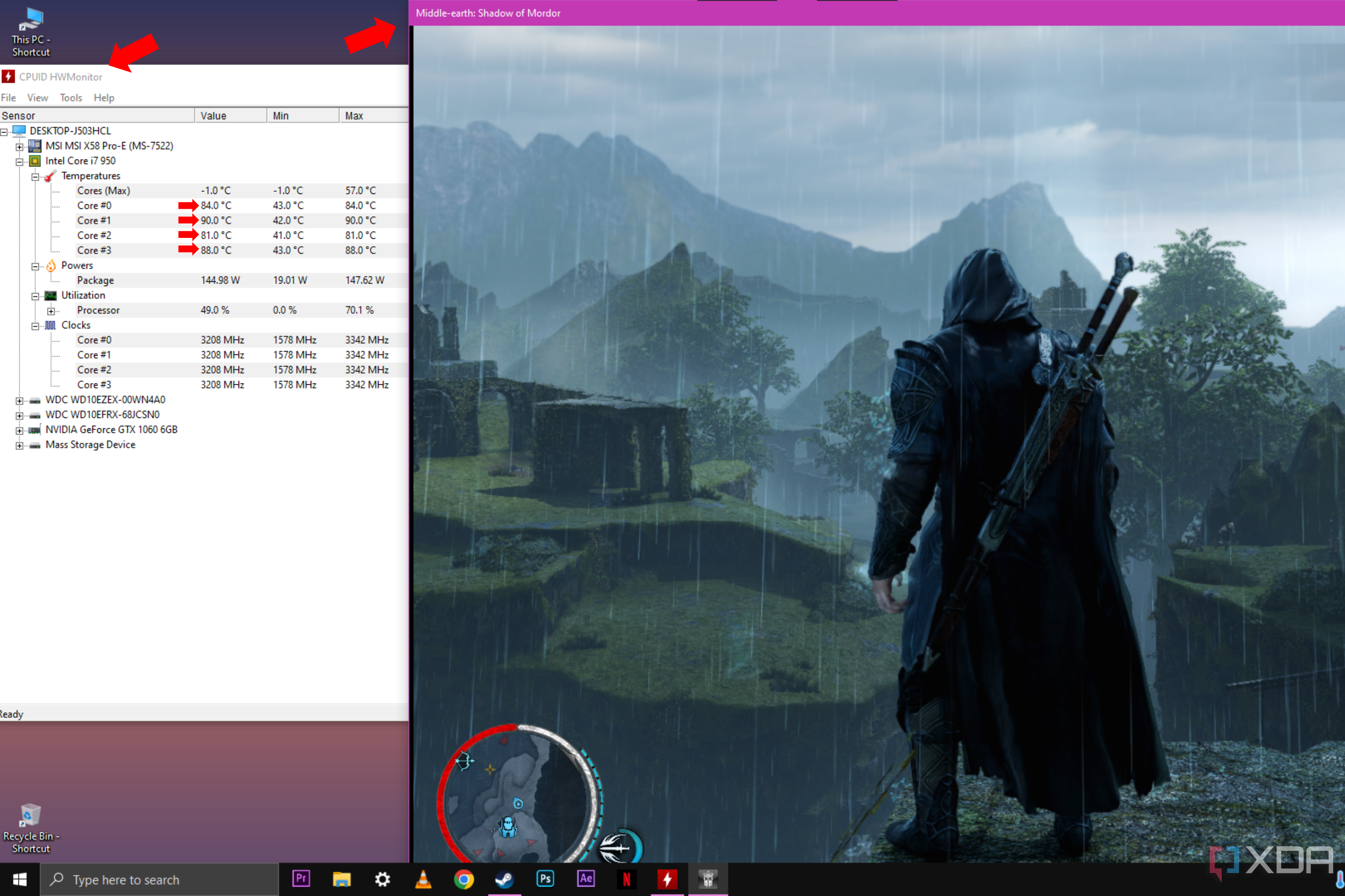 La aplicación Shadow of Mordor se reproduce en una ventana junto a HWMonitor con flechas que apuntan a la temperatura de la CPU