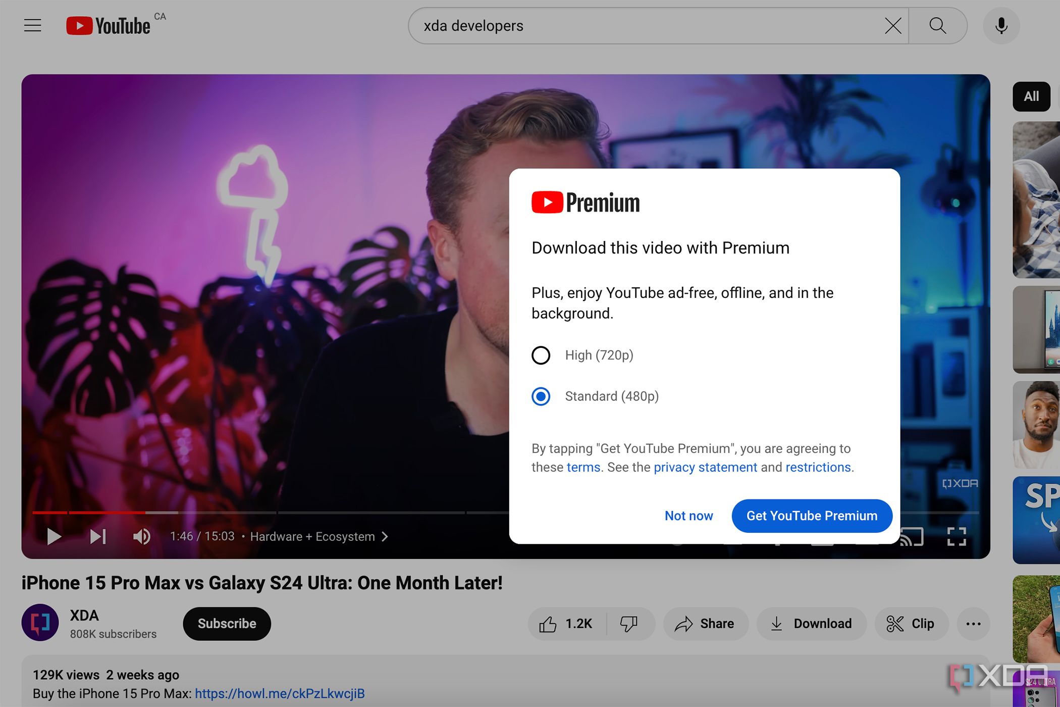 Un video de XDA en YouTube con las opciones de calidad de video mostradas y un mensaje para obtener YouTube Premium.