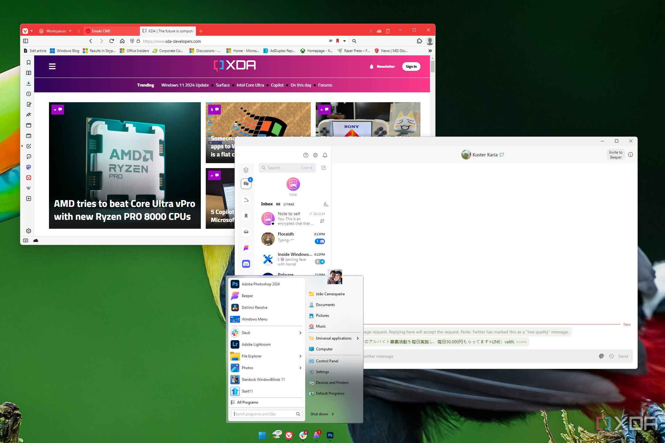 Screenshot of a Windows desktop showcasing appps including Vivaldi, Beeper, and Start11