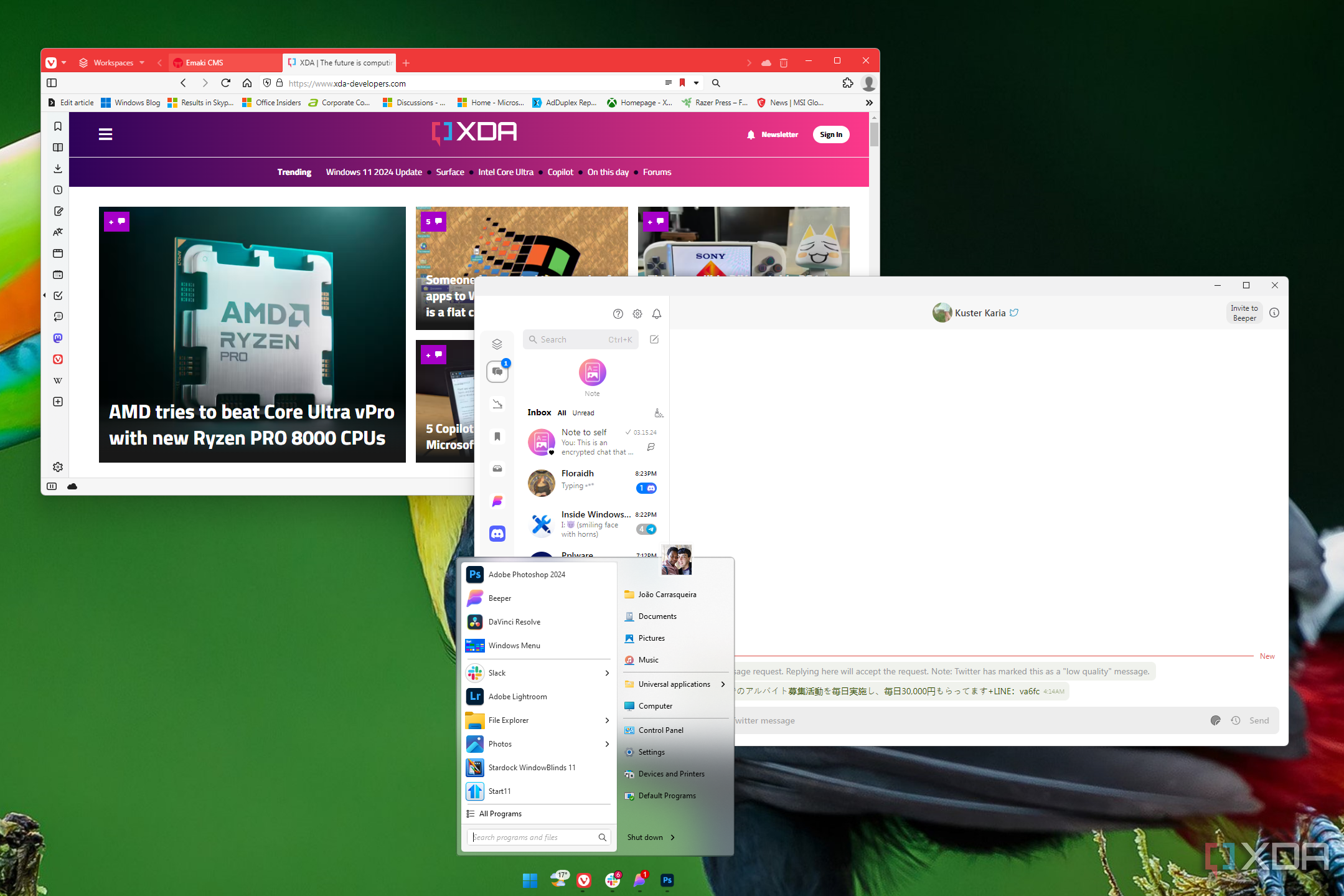 A screenshot of the Windows desktop with apps like Vivaldi, Beeper, Start11, etc.