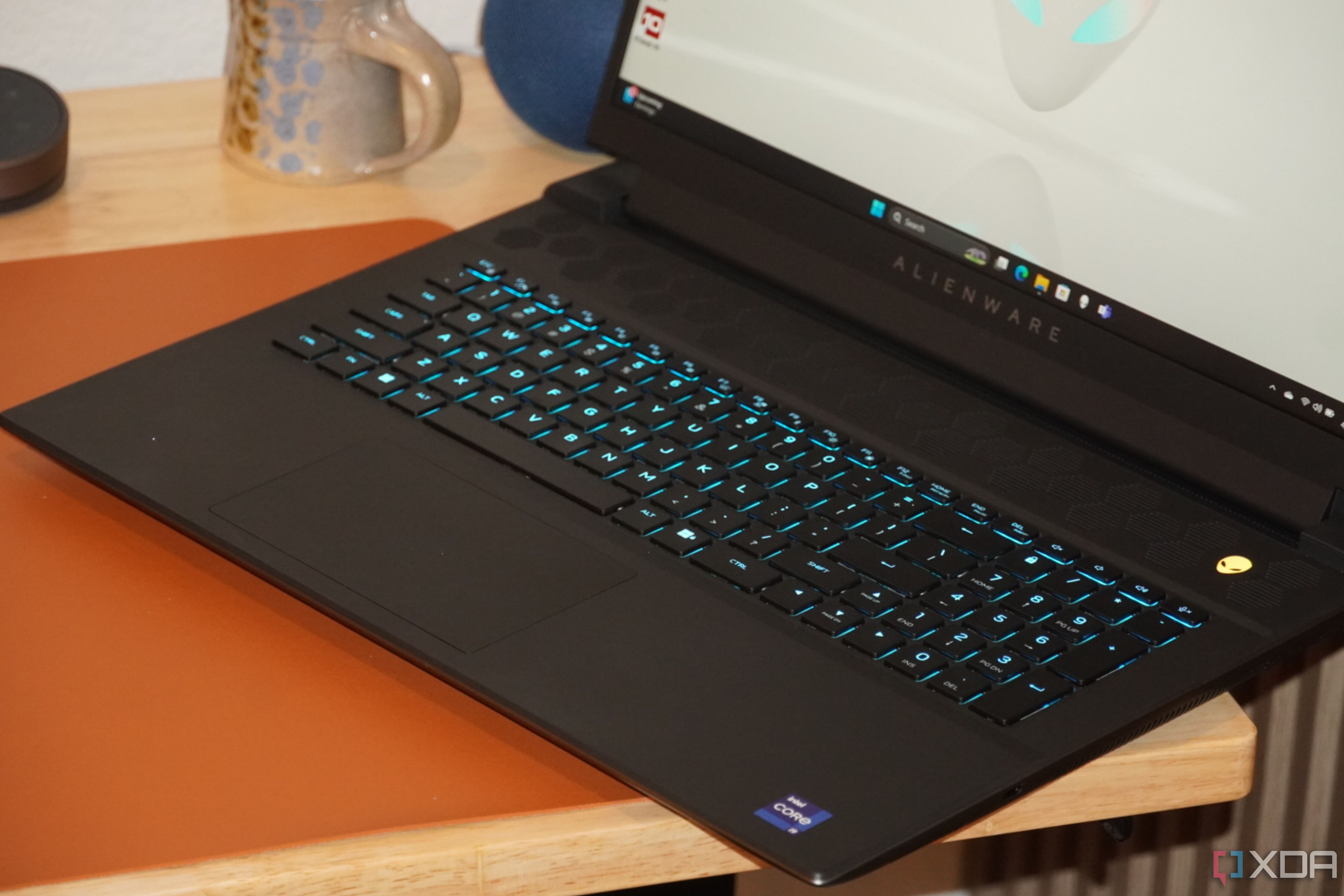 The mechanical keyboard and touchpad on the Alienware m18 R2 gaming laptop.