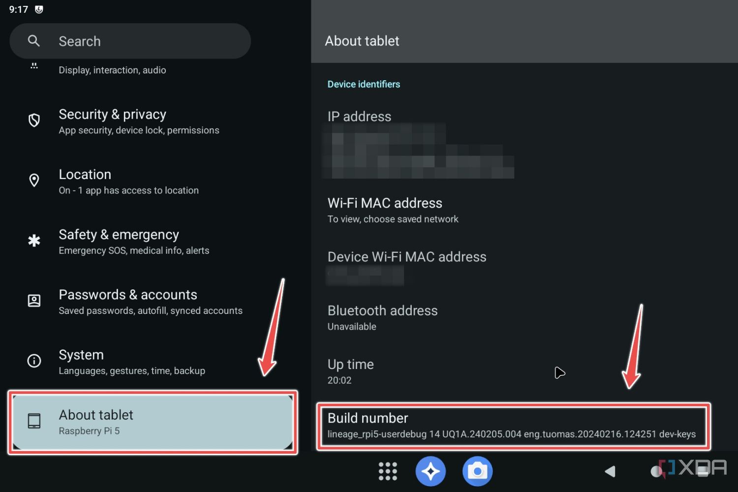 El número de compilación resaltado en la configuración de LineageOS