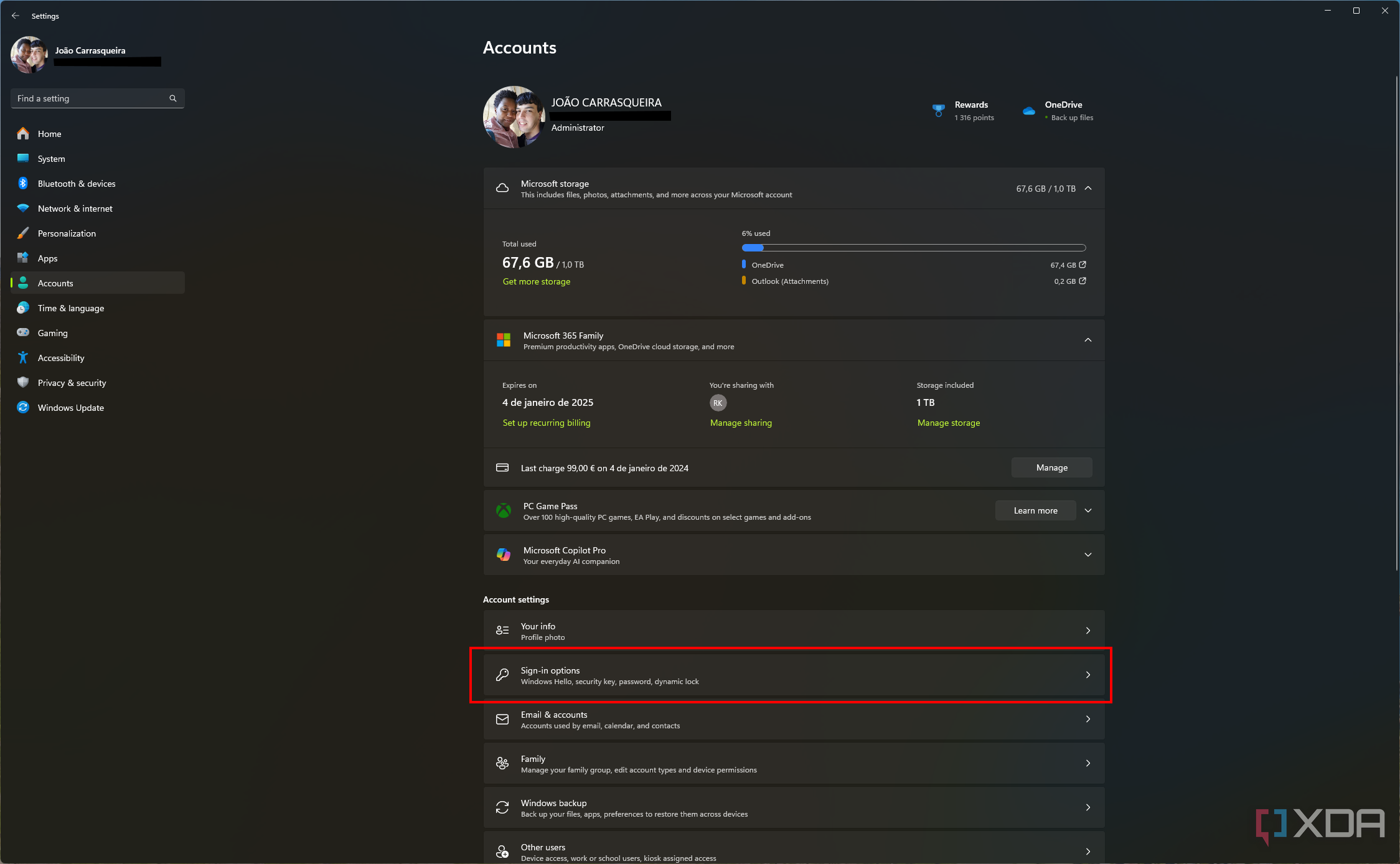 Screenshot of account settings in Windows 11 with Sign-in options button highlighted