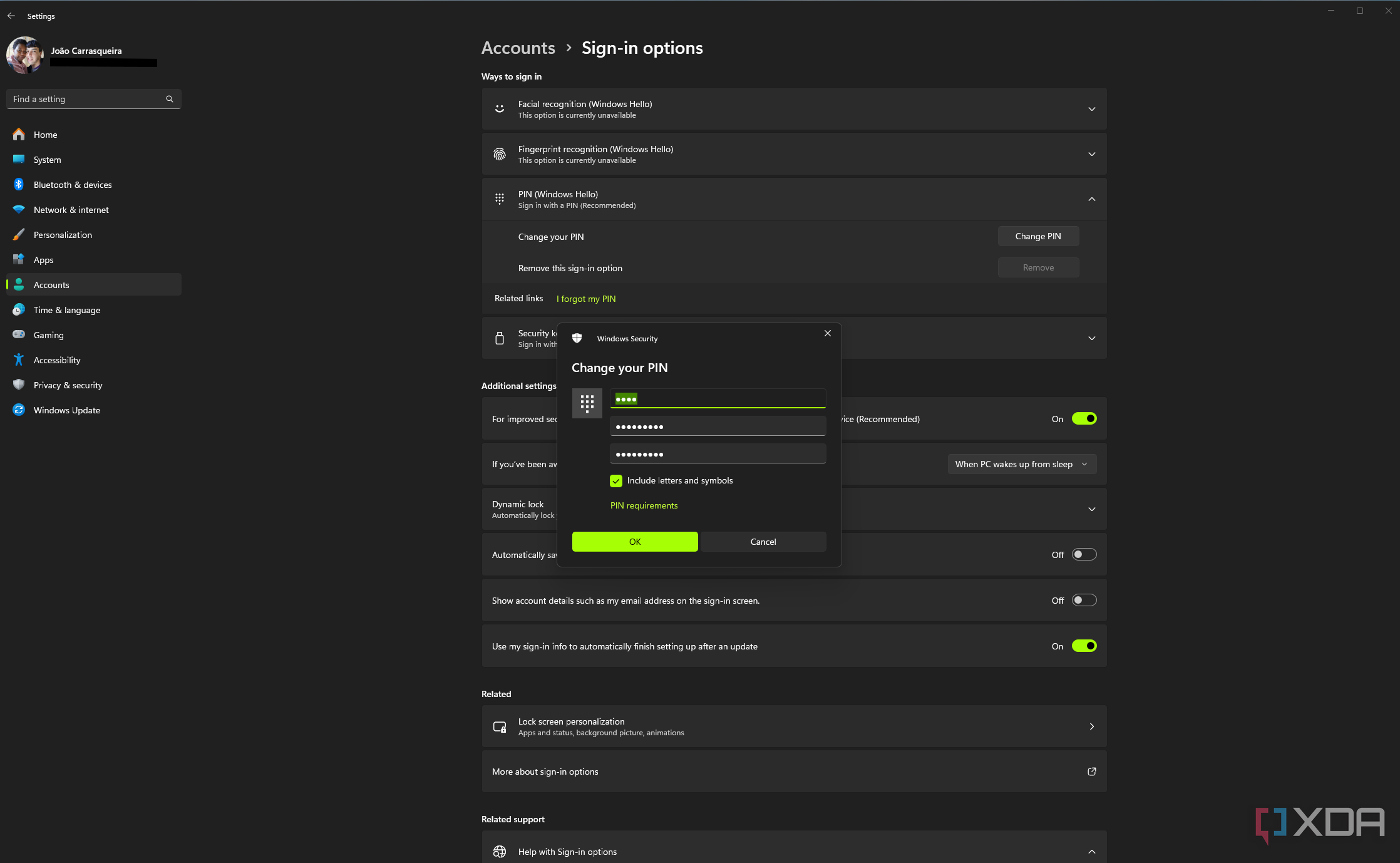 Screenshot of Sign-in options in Windows 11 with the Change PIN dialog open