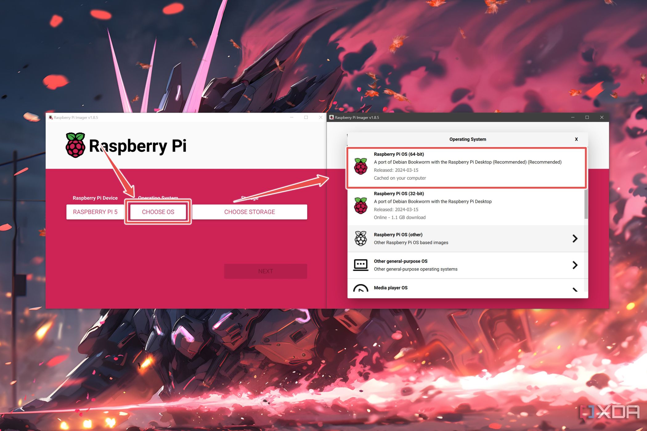 El procedimiento para seleccionar Raspberry Pi OS (64 bits) dentro de Raspberry Pi Imager