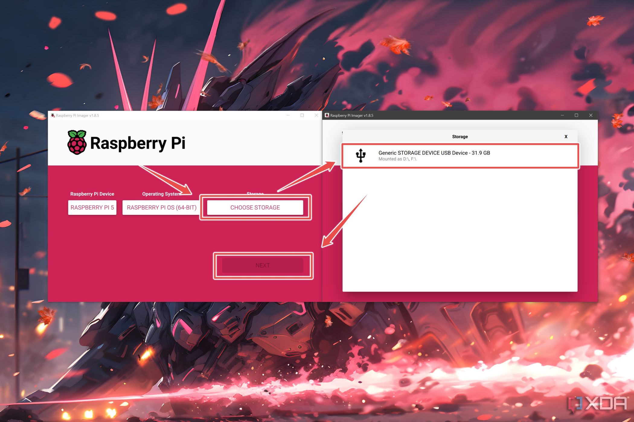 La opción Elegir almacenamiento resaltada en Raspberry Pi Imager