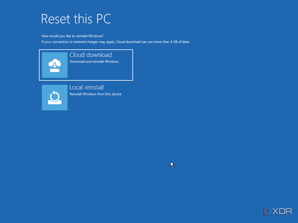 Windows 11 reset process in Windows Recovery showing options for a cloud download or local reinstall