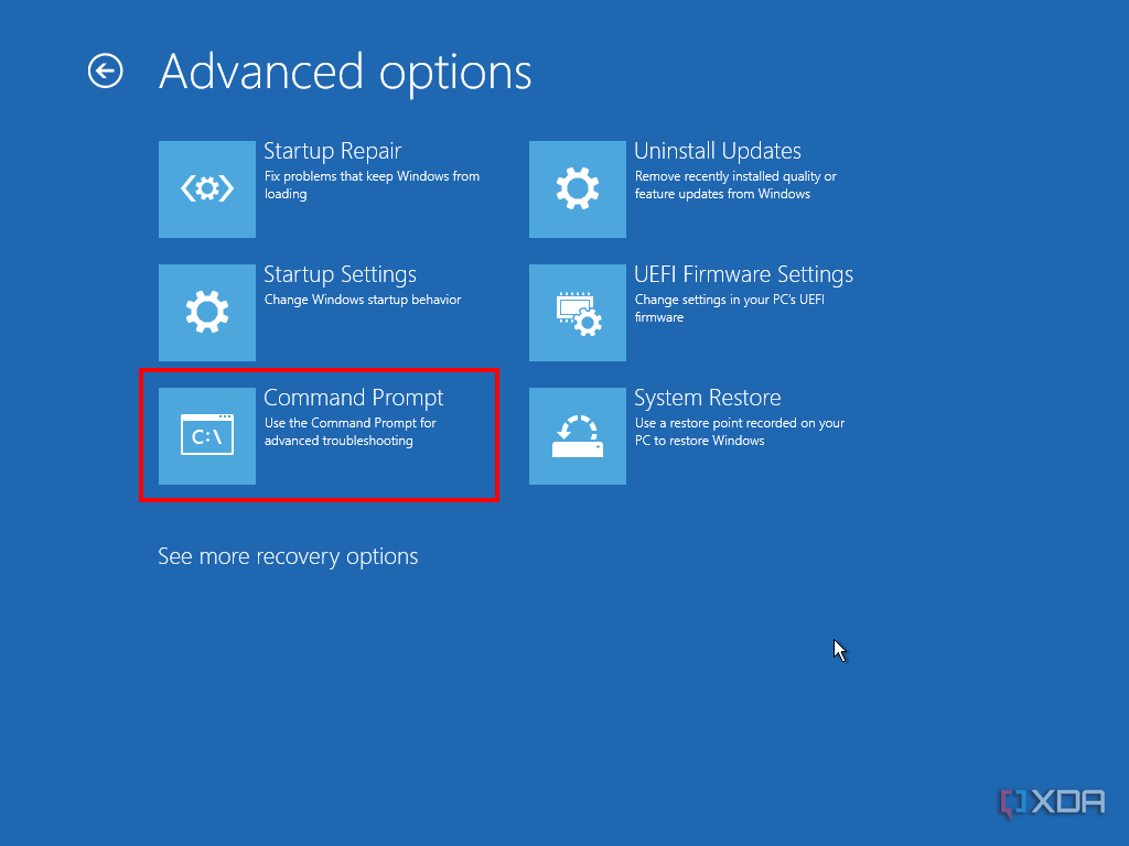 Screenshot of advanced options in Windows Recovery with Command Prompt highlighted