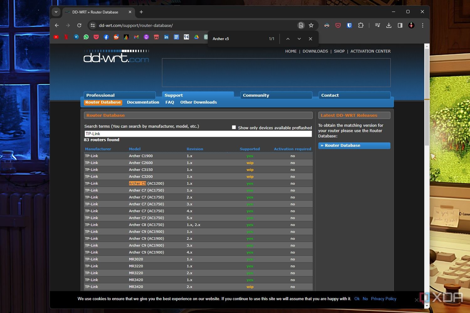 Captura de pantalla del sitio web DD-WRT que resalta la opción Archer C5 en la página de la base de datos.