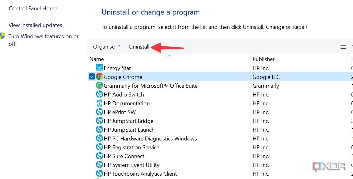 Uninstall apps using Control Panel