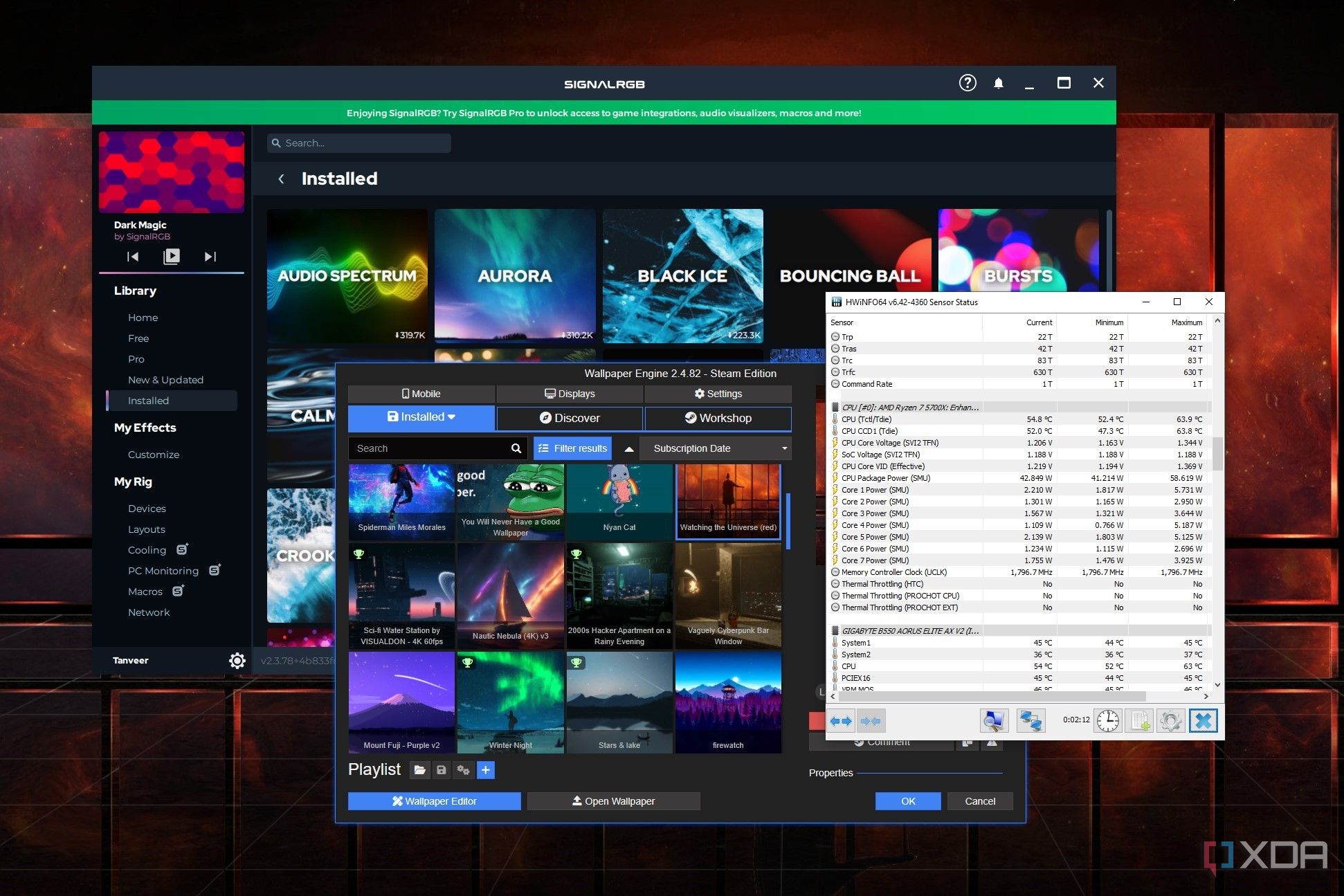 Screenshot of SignalRGB, Wallpaper Engine, and HWiNFO on desktop