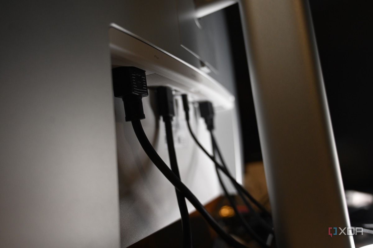 Shot of cables plugged into Dell UltraSharp 40 Curved Thunderbolt Hub Monitor