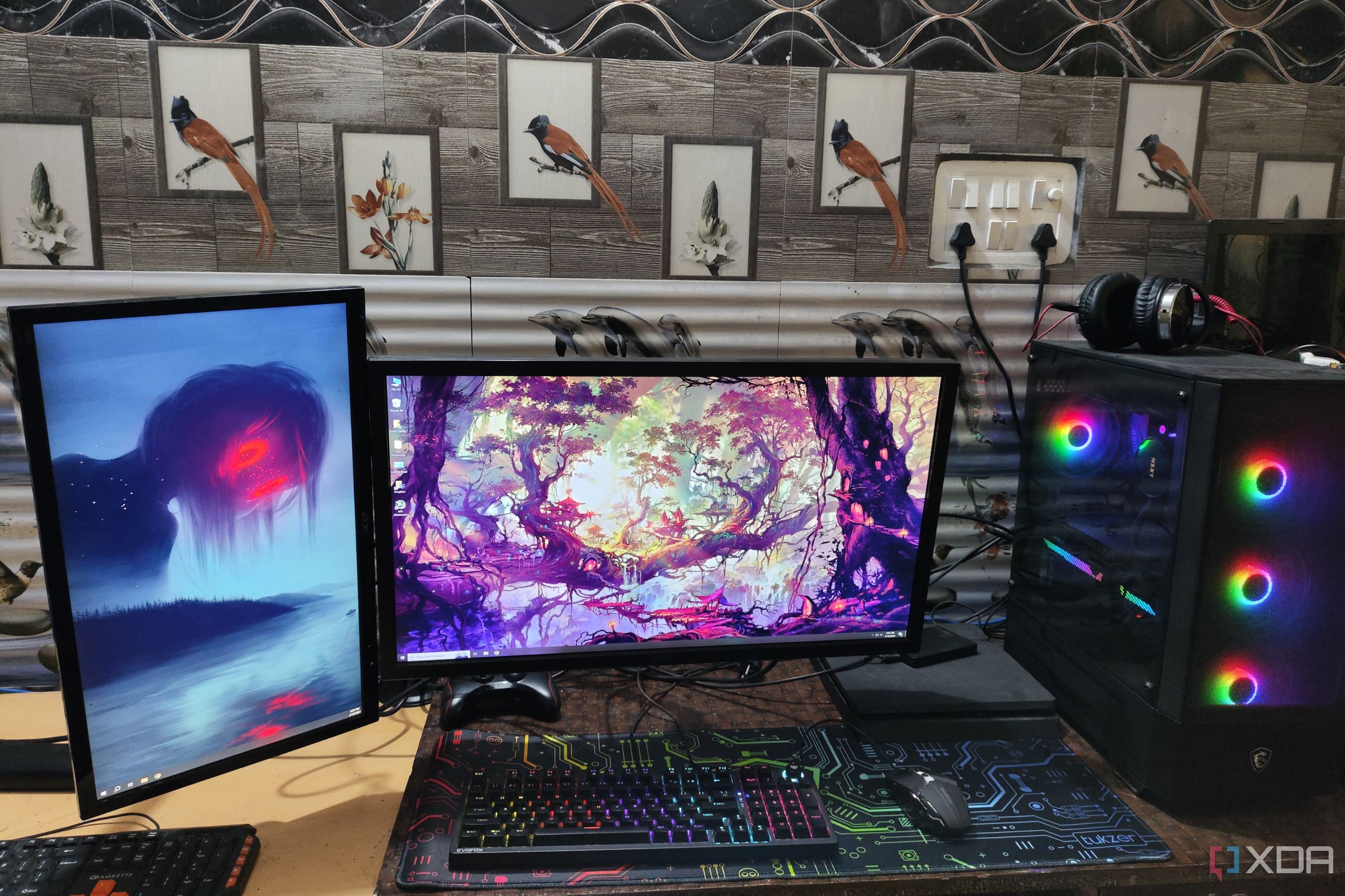 Two monitors placed side by side, with the one on the left running in portrait mode