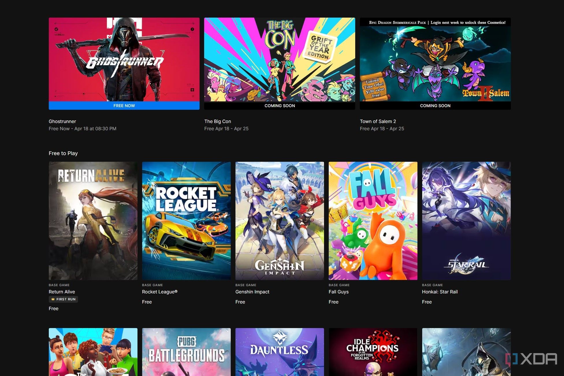 Screenshot of free games on Epic Games Store