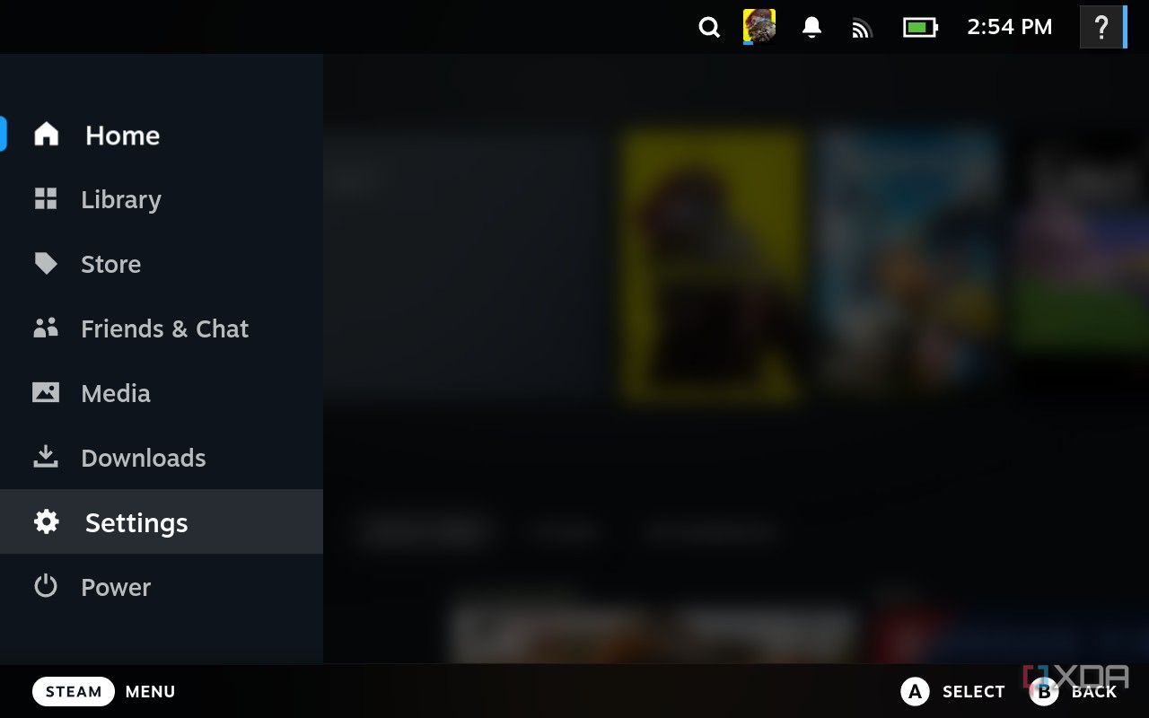 Меню с пунктом «Настройки» на Steam Deck OLED