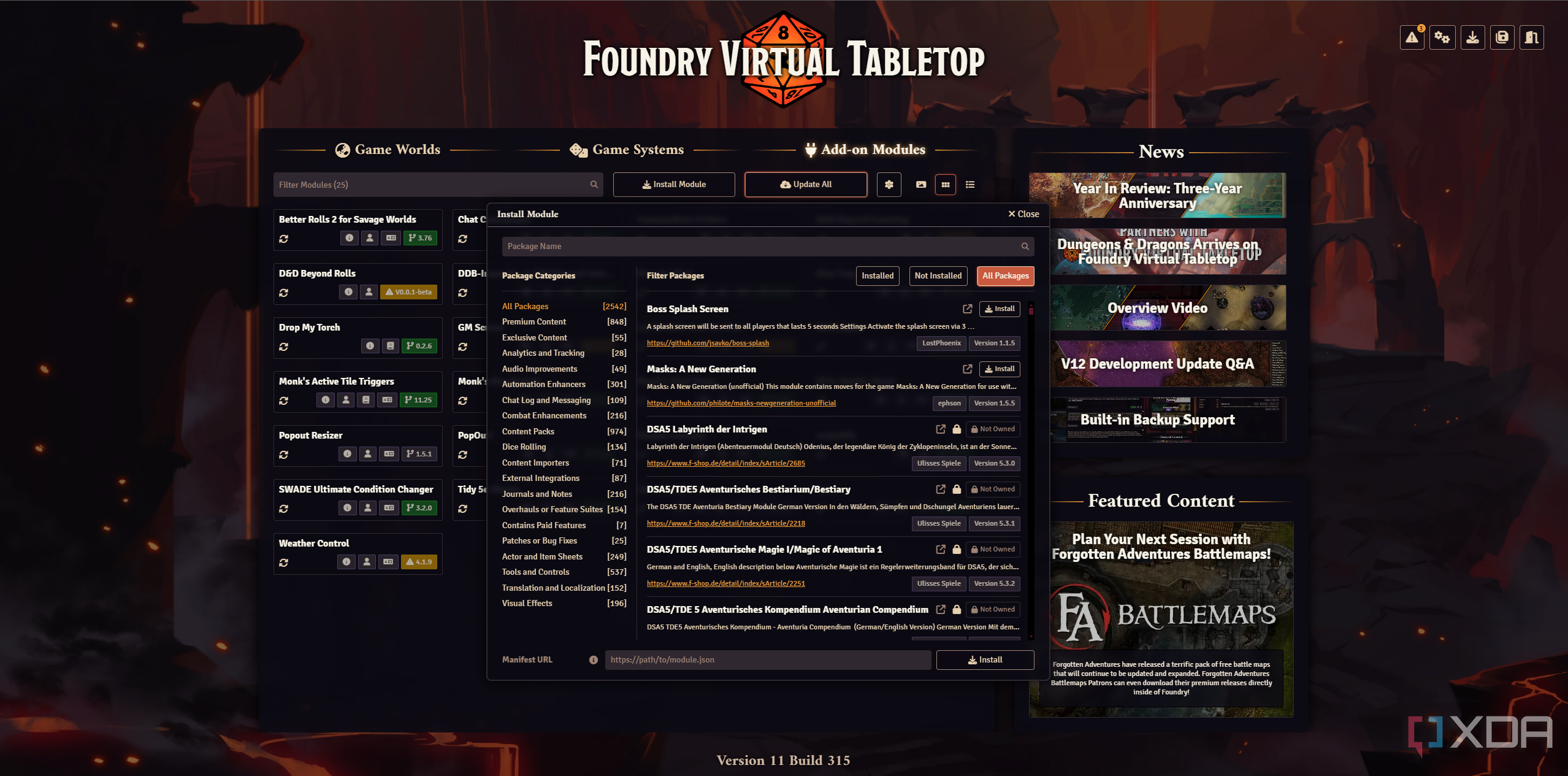 Список модулей для установки в Foundry Virtual Tabletop
