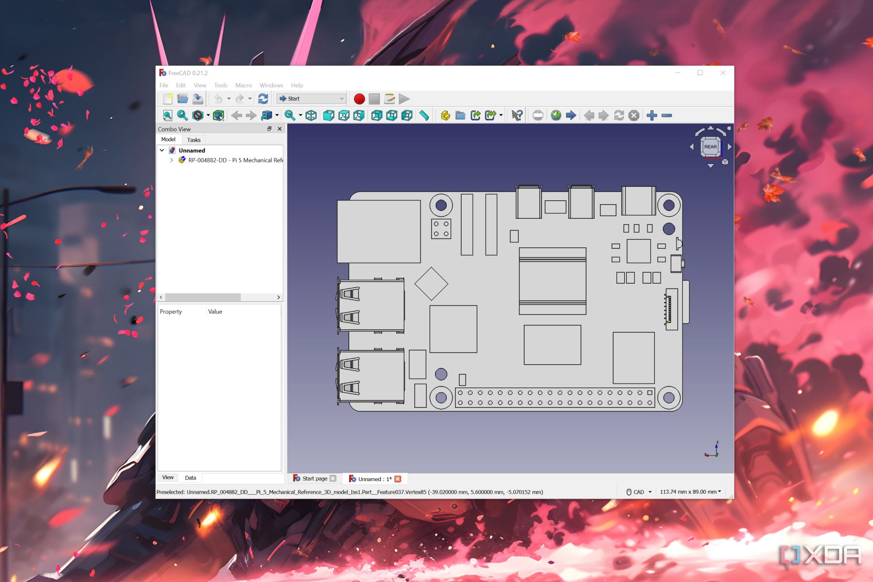 FreeCAD con un modelo 3D de la Raspberry Pi 5 mostrada