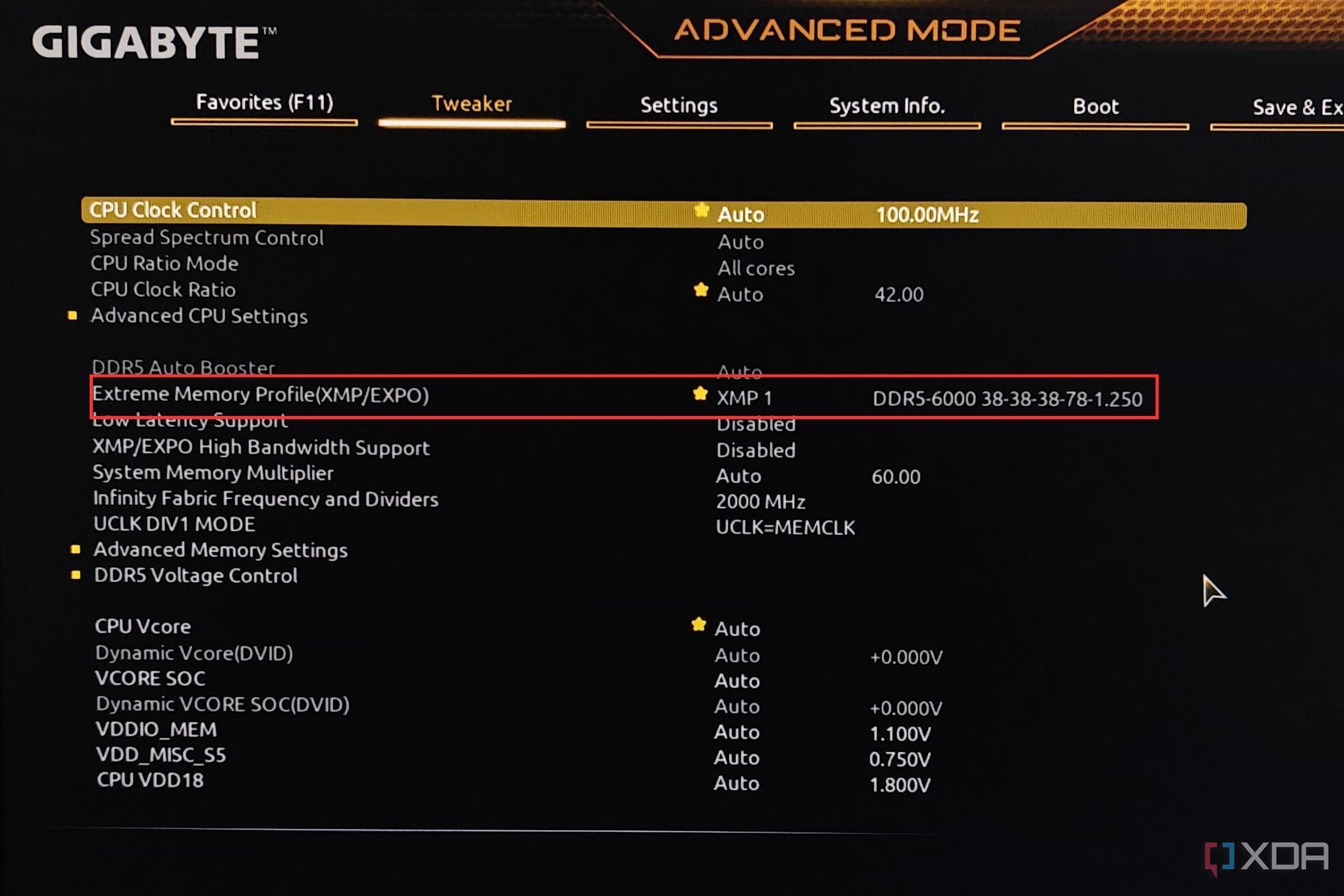 A screenshot showing the highlighted XMP profile in Gigabyte motherboard BIOS.