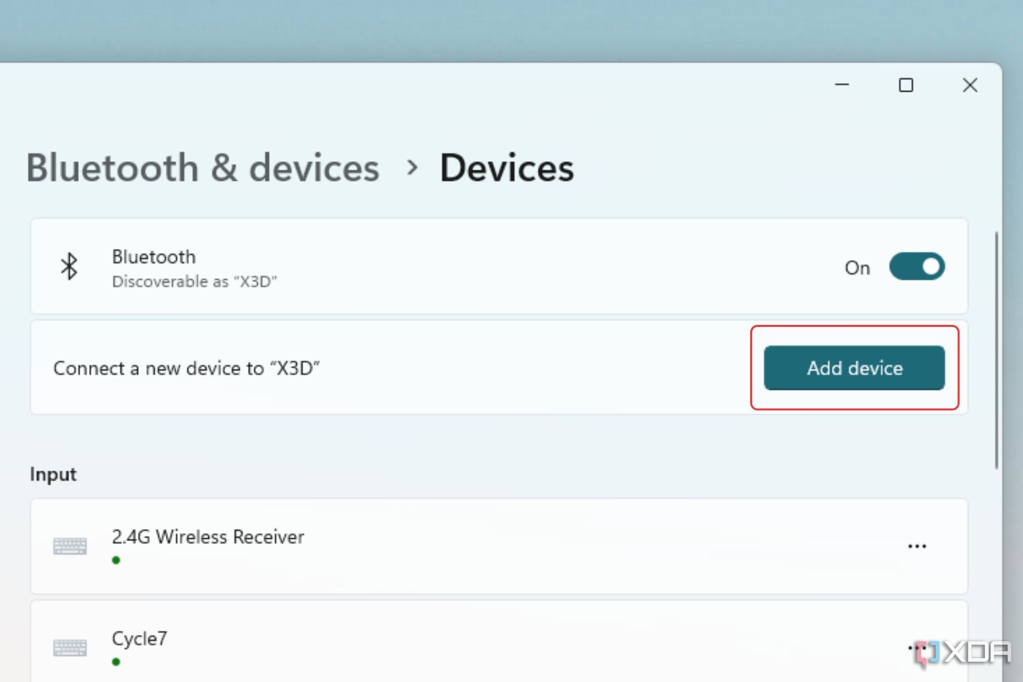 Снимок экрана, на котором показан выделенный параметр «Добавить устройство» на странице настроек Windows Bluetooth.