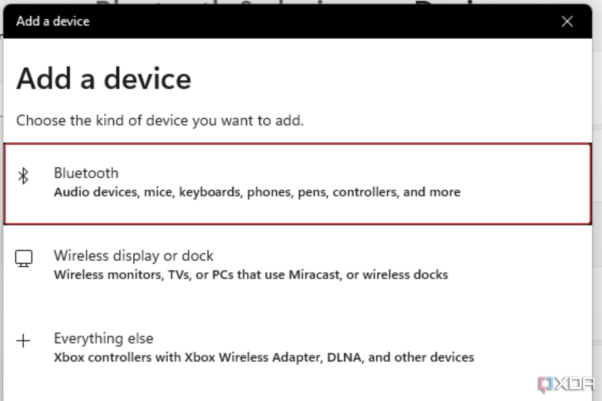 Снимок экрана, на котором показан выделенный параметр Bluetooth на странице «Добавление устройства на странице настроек Windows Bluetooth».