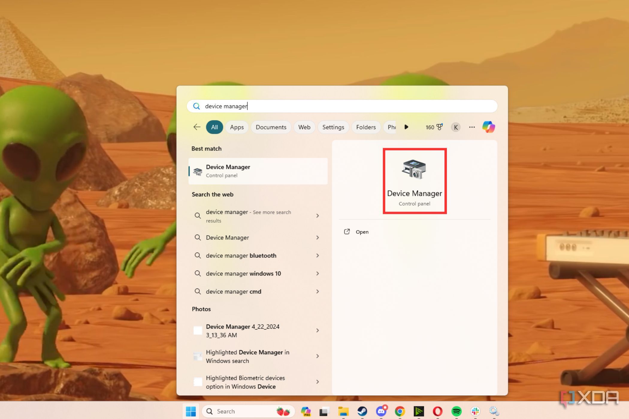 A screenshot showing the highlighted Device Manager in Windows Search box.