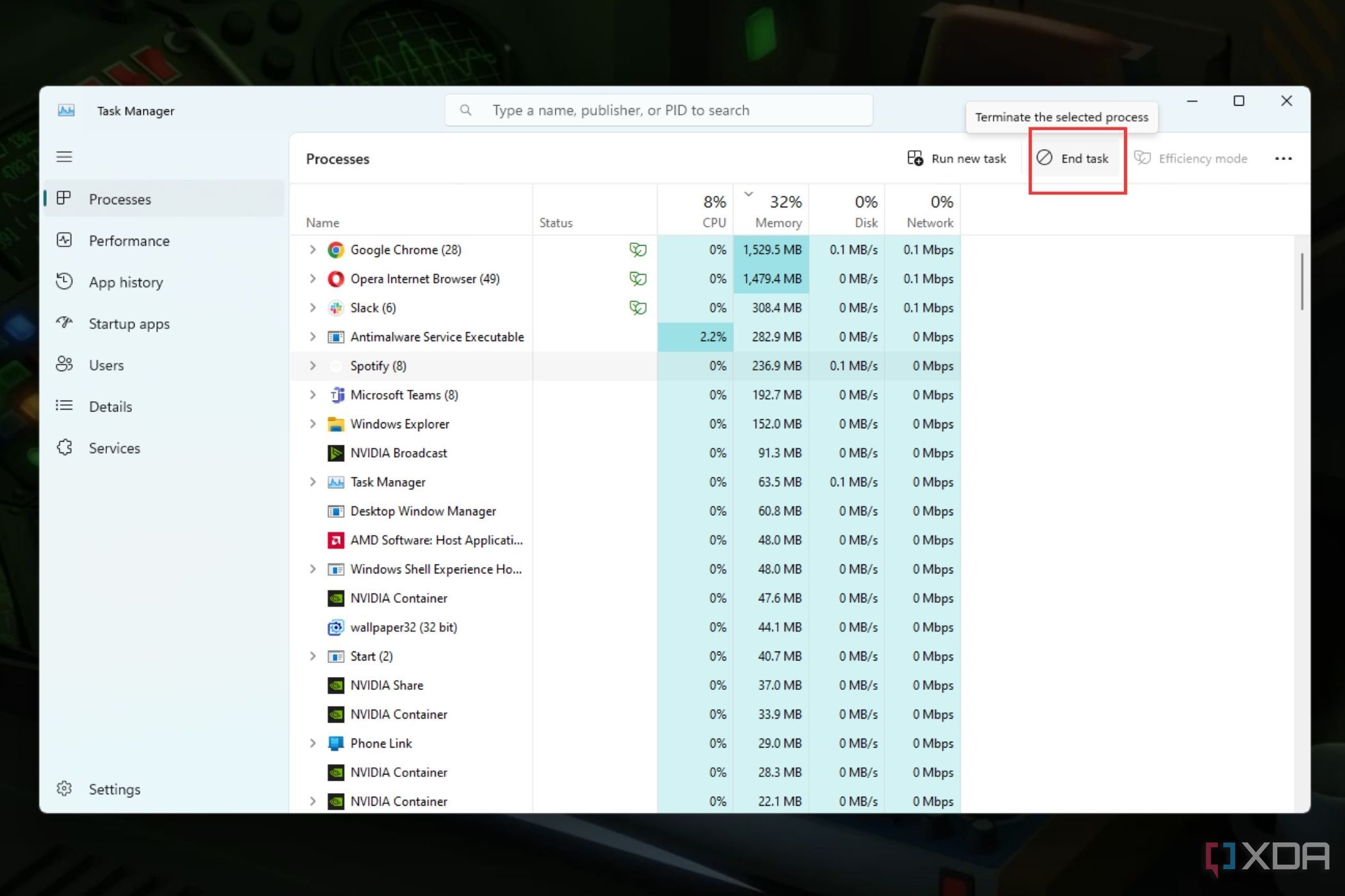 A screenshot showing the highlighted end task button in Task Manager.