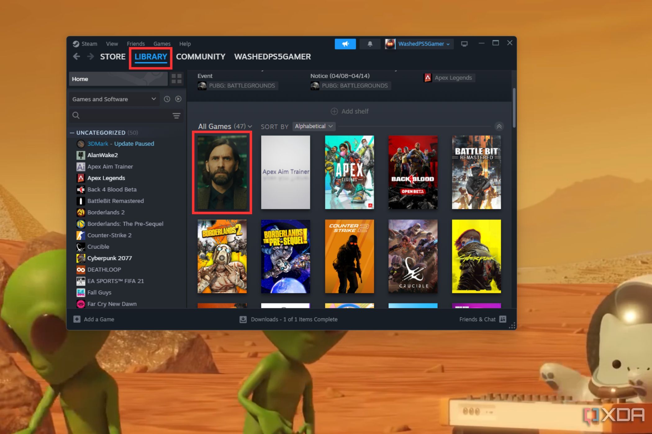 Una captura de pantalla que muestra la biblioteca resaltada y una lista de juegos en la biblioteca de Steam.