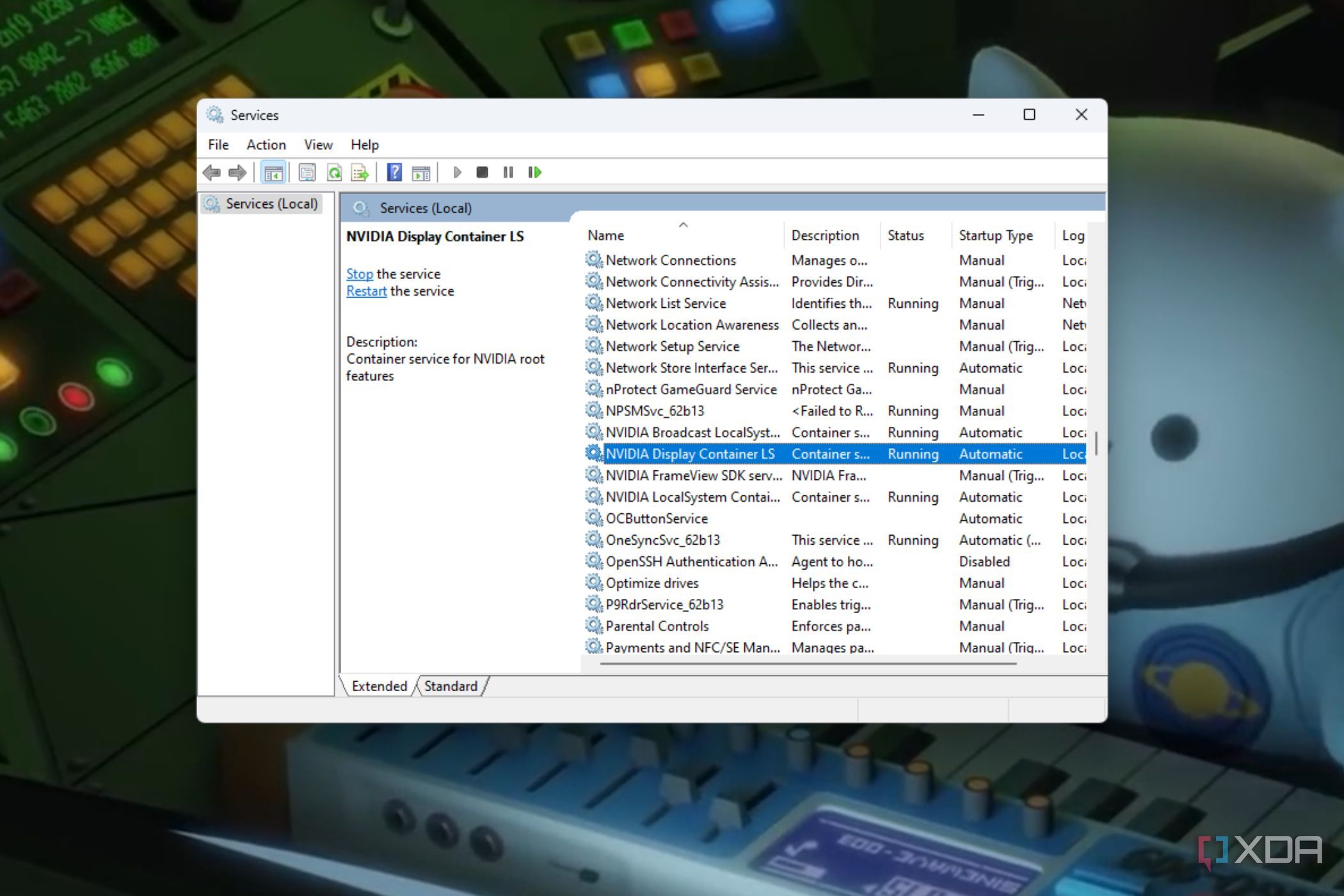 A screenshot showing the highlighted Nvidia Display Container LS option within services list on Windows.