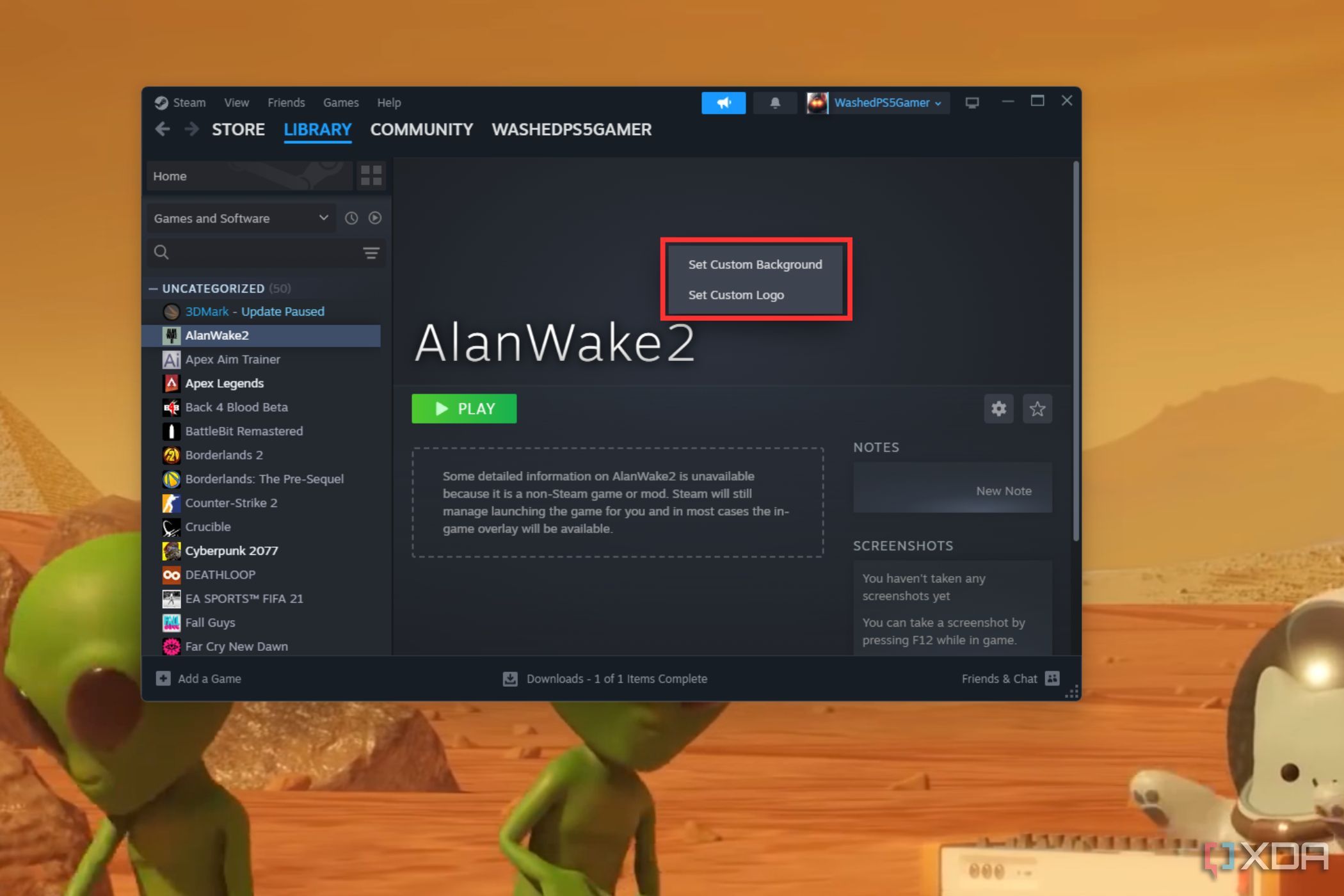 Una captura de pantalla que muestra la ventana emergente resaltada en Steam para configurar un fondo y un logotipo personalizados.