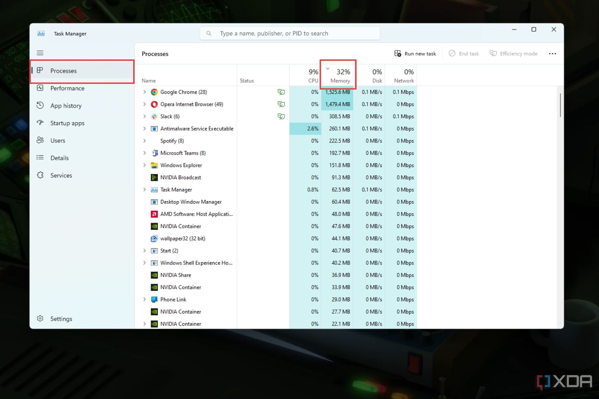 A screenshot showing the highlighted processes and memory tab in Task Manager.