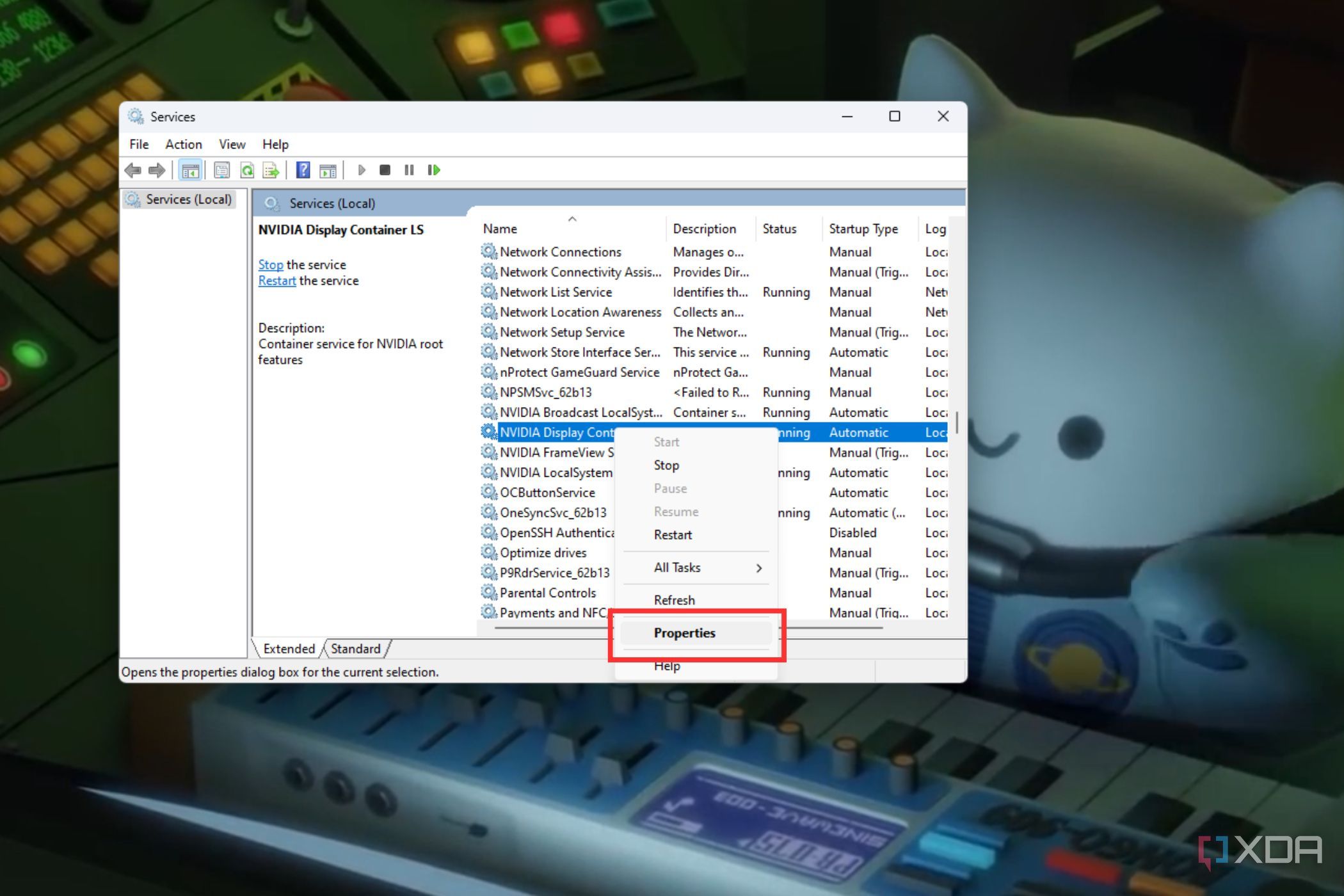 A screenshot showing the highlighted Properties option within the service list on Windows OS.